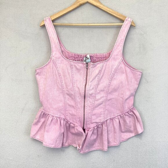 Future Collective Denim Peplum Top Womens XL Pink Ruffle Zip Festival Rodeo EUC - Picture 1 of 9